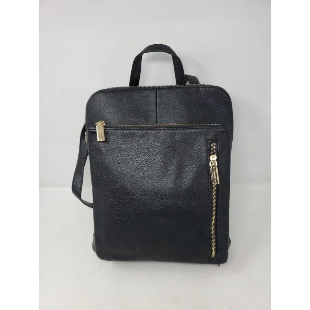 Expressions Black Faux Leather Backpack with Gold Hardware